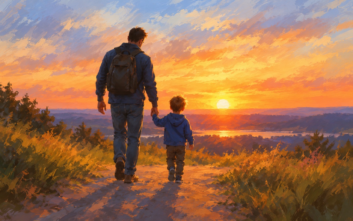 A father and his young son walking hand in hand toward a sunset over rolling hills