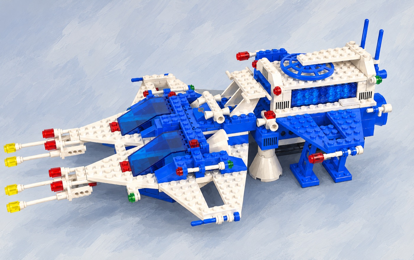 A large blue and white classic LEGO space set with twin fighters and a command module